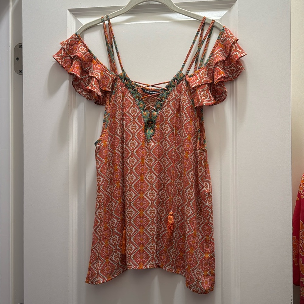 Coral and turquoise off the shoulder blouse